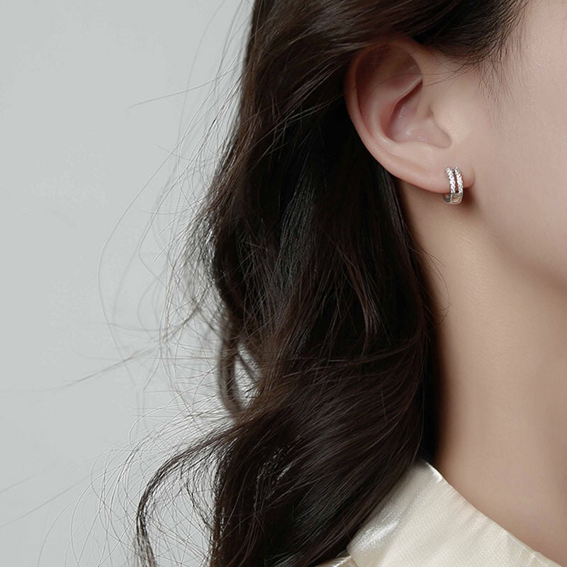1pcs 999 Sterling Silver Double Band Zircon Hoop Earrings, Luxury Trendy Style, Ideal For Birthday & Holiday Gifts