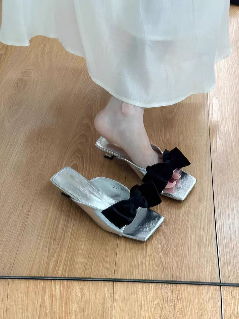 Women's French Bow Sweet Square Toe Slide Sandals, Summer Outdoor Wear Anti-Slip Thin Low Heel Mules, Match With Dresses