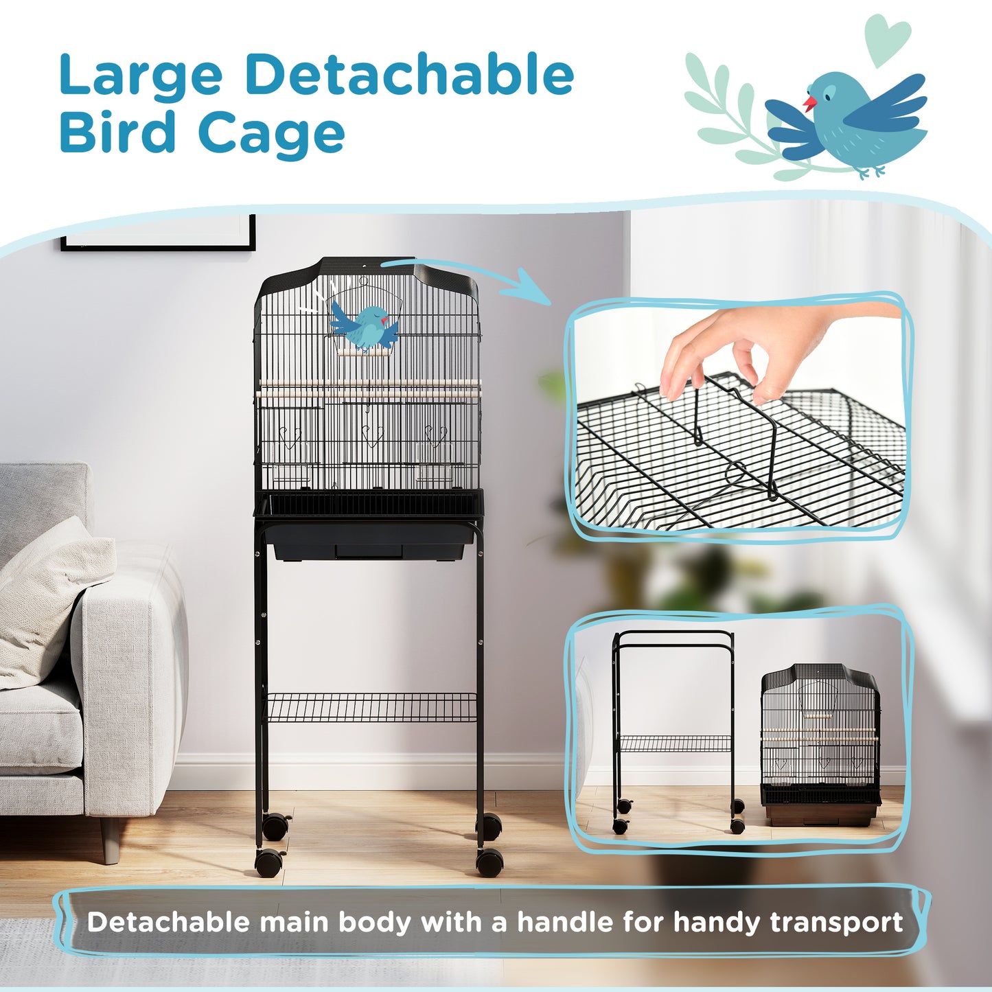 PawHut Bird Cage Budgie Cages For Finch Canary Parakeet With Stand Wheels Slide-out Tray Accessories Storage Shelf, Black