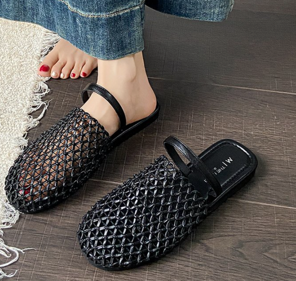 Women French Mesh Closed Toe Mules, New Spring Outdoor Wear Mesh Hollow Woven Platform Roman Slide Sandals