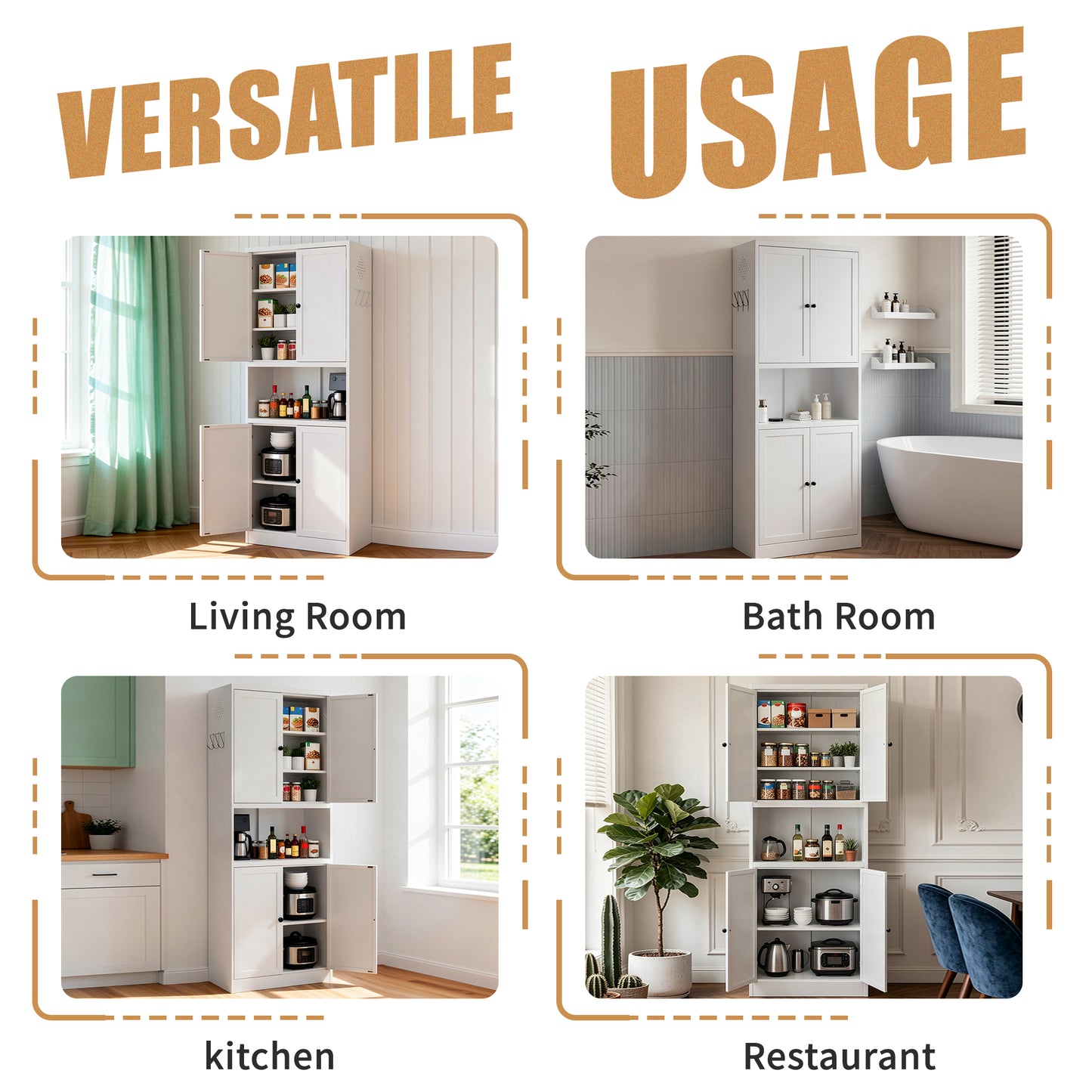 72  High White Steel Kitchen Pantry Storage Cabinet With Large Countertop, Adjustable Shelves And Hooks, Heavy-duty Modern Style Cabinet