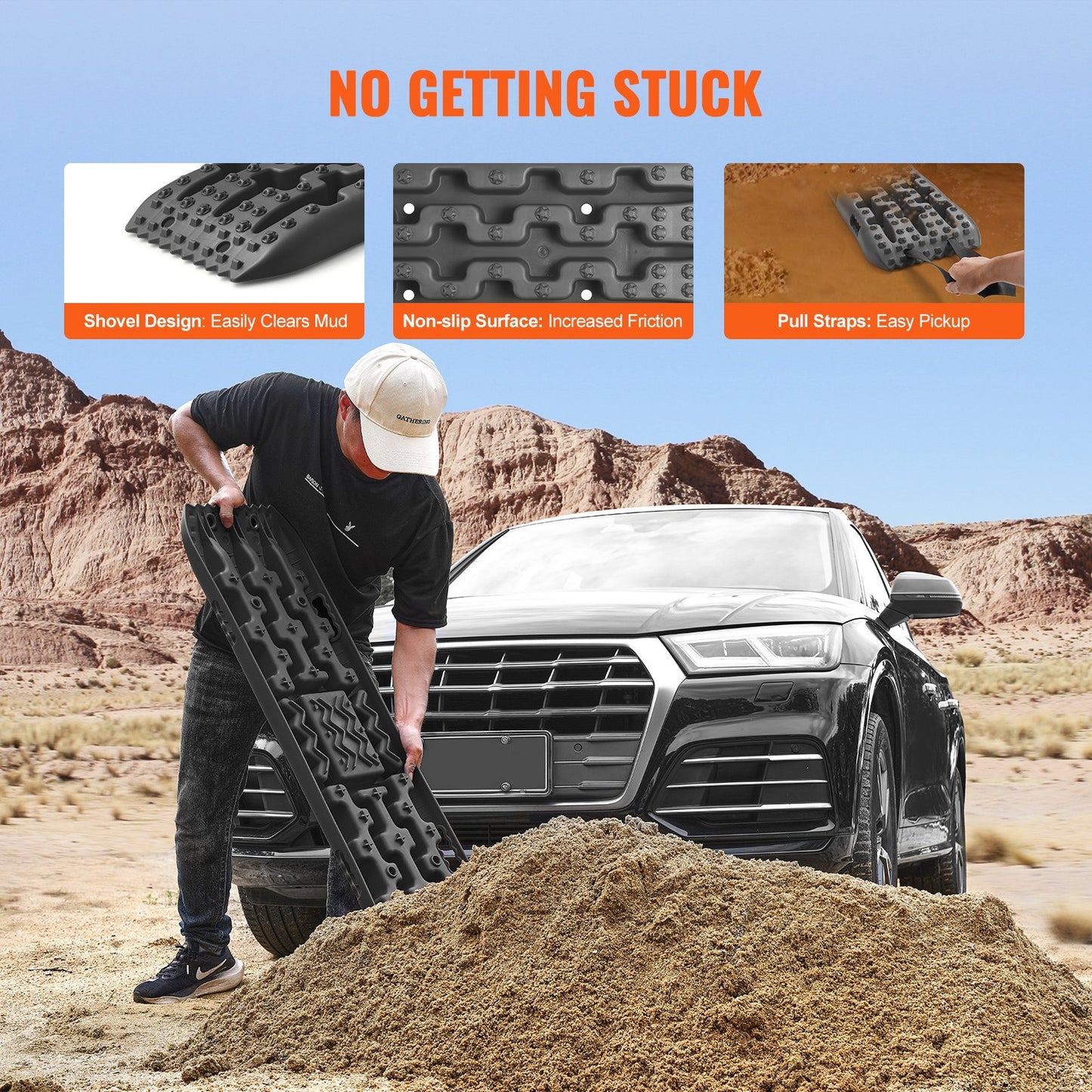 10 TON Traction Boards With PP Material, Recovery Boards For Off-road Vehicles/Cars/Pickups/SUVs/RVs, Pair Tire Traction Mats On Snow, Sand, Mud And Loose Terrain, Storage Bag, Long, Black