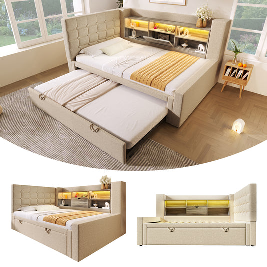 Upholstered Bed Bed 90x200 Cm With Pull-out Bed 90x190, And LED Lighting, Struraum Bed, L-shaped Headboard With Storage Space, Can Be Mounted On Both Sides, Slatted Base, Linen, Beige  Without Mattres