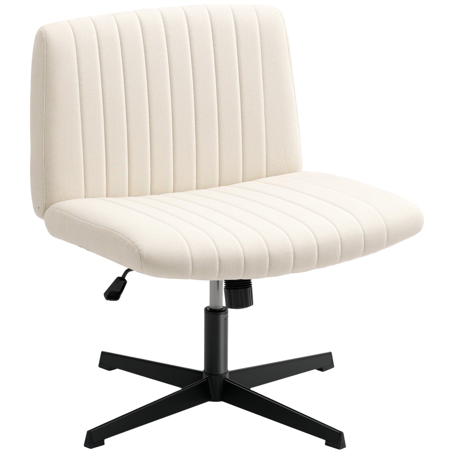 Armless Office Chair No Wheels, Linen Fabric Criss Cross Legged Desk Chair With Wide Seat, Thick Padding, Tilt Function, Height Adjustable Swivel Computer Seat For Home, Cream