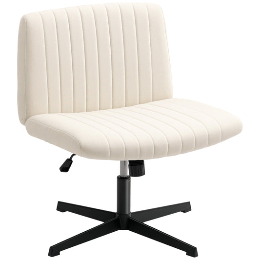 Armless Office Chair No Wheels, Linen Fabric Criss Cross Legged Desk Chair With Wide Seat, Thick Padding, Tilt Function, Height Adjustable Swivel Computer Seat For Home, Cream