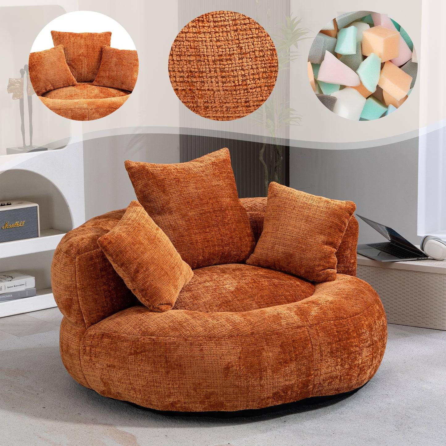 Lazy Sofa Durable Comfort Lounger High Back Bean Bag Chair Couch With Three Cushions For Adults And Kids, Indoor & Outdoor, Single Gaming Sofa Chair For Bedroom, Office  Orange Chenille