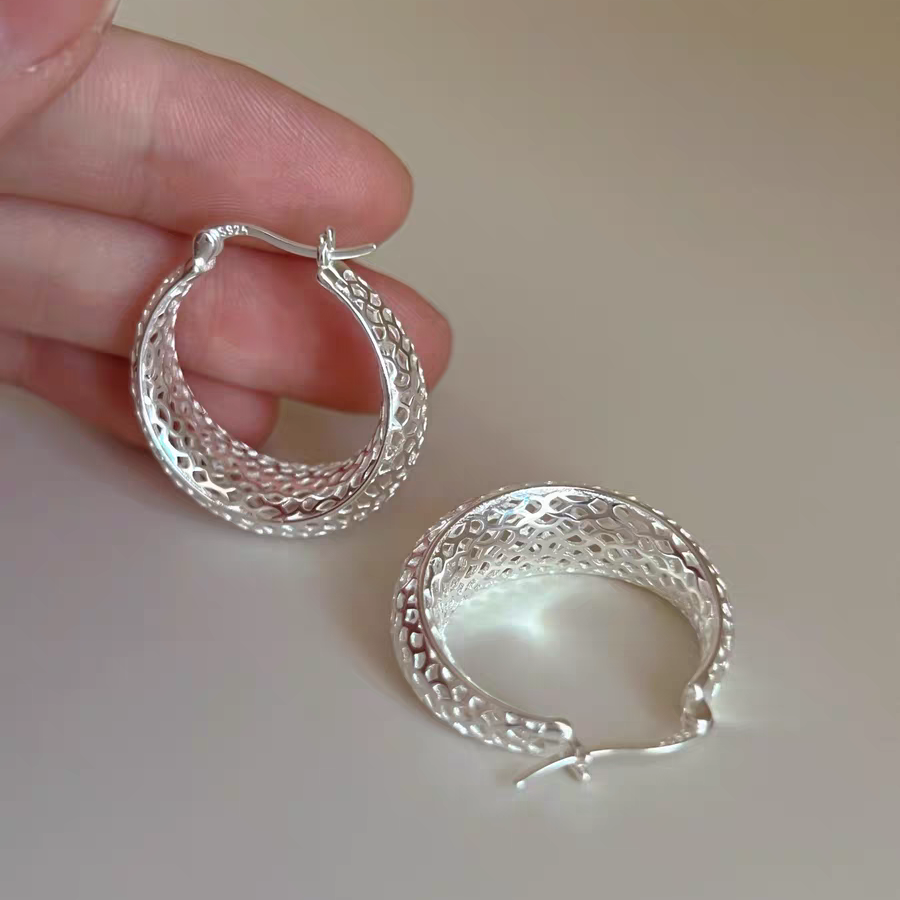 1 Pair 999 Sterling Silver Hammered Wide Hoop Earrings, Minimalist Style, Perfect For Daily Wear And Valentine's Gift