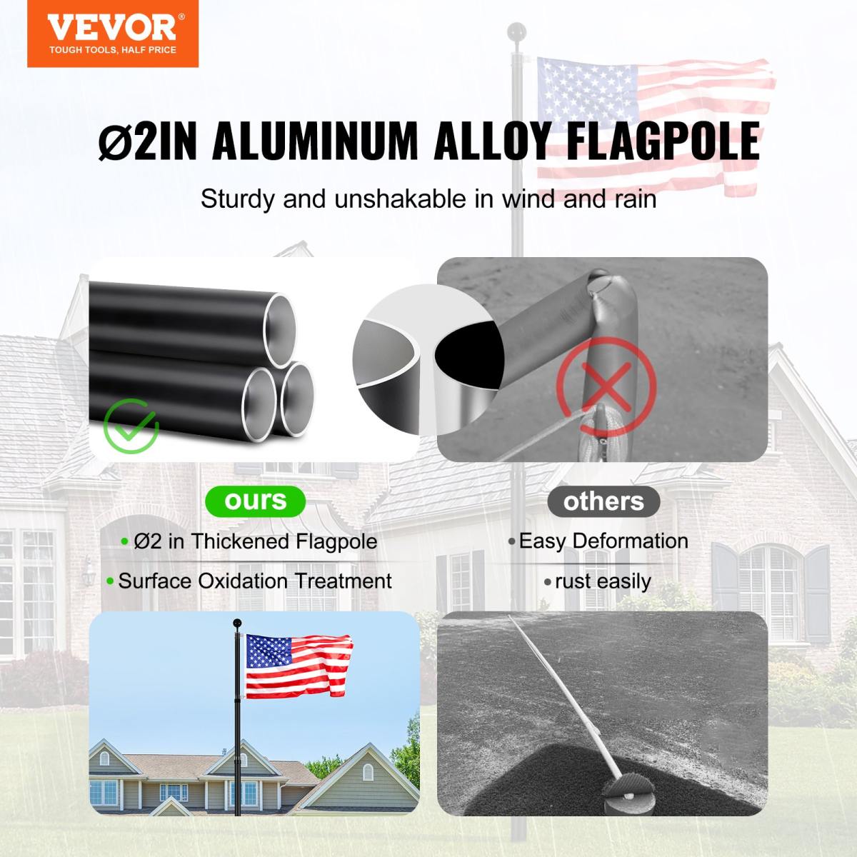 20FT Telescoping Flag Pole Kit, Heavy Duty Aluminum Alloy In Ground Flag Poles For Outside, 3 Display Modes Flagpole With 3x5 American Flag, Professional Accessories, Black