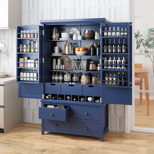 Assembly&Show Video Available  TOPMAx Freestanding Large Kitchen Pantry Wooden Kitchen Storage Cabinet Cupboard With 8 Door Shelves 3 Adjustable Shelves 7 Drawers& 8 Wine Racks  Blue