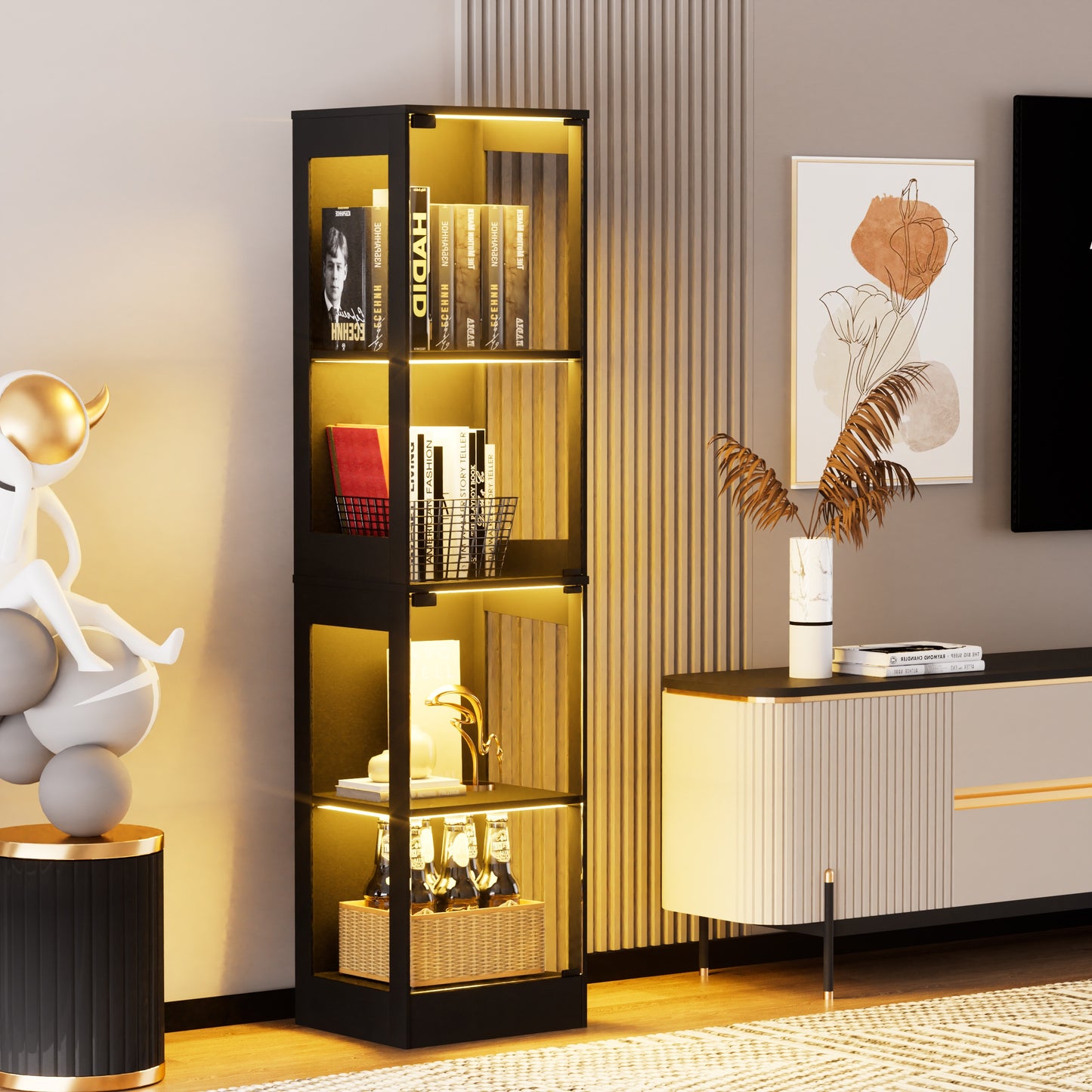 Four-storey Glass Display Case With Storage Space, LED Lighting, Glass Doors And Smart Sensors. Suitable As A Dustproof Glass Cabinet For Living Rooms, Bedrooms And Offices. Black.40x35x165cm