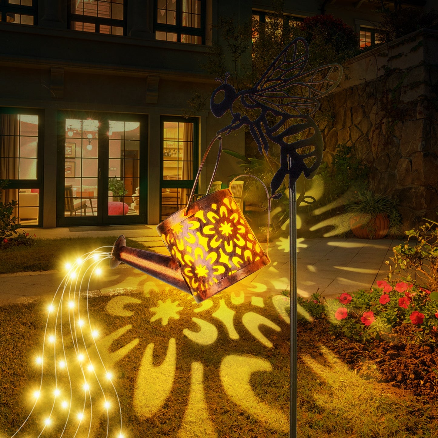 Solar Garden Lights Outdoor Decoration,Flower-shaped Lights Metal Solar Watering Can Lights Outdoor Waterproof, Small Patio Light Yard Lawn Pathway Decor, Gardening Gifts Solar Lantern Out