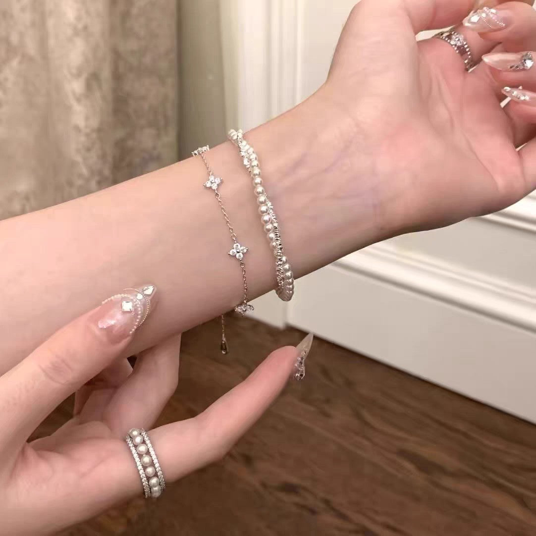 1pc 999 Sterling Silver Pearl & Crushed Silver Double-Layer Bracelet, Delicate Style, Perfect For Daily Wear And Valentine's Gift