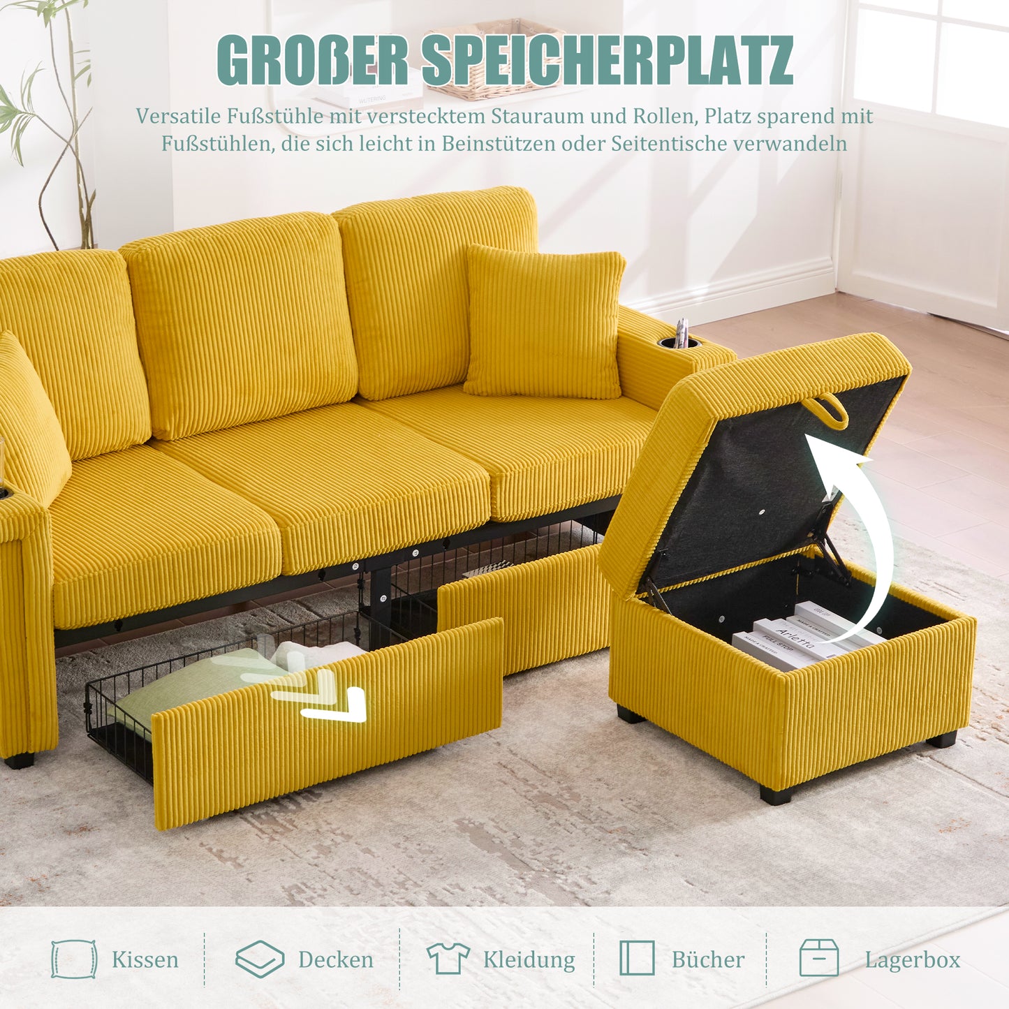 High-quality Velvet Sofa With LED Lighting & USB-C Port, Including Storage Footboard, Practical Cup Holders And Side Pockets  Premium Quality For The Living Room, Bedroom Or Office.