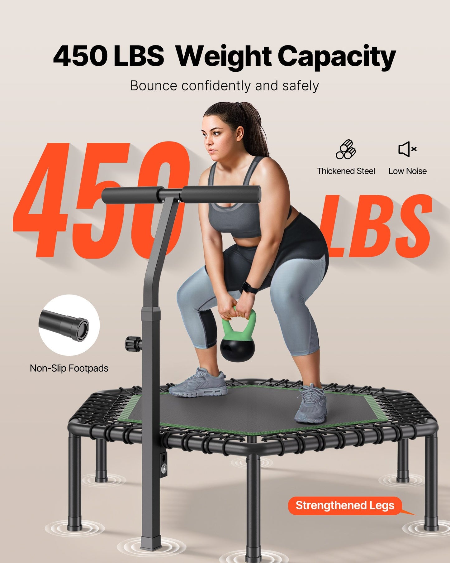 54.5 Inch Mini Trampoline, 450 Lbs Max Load Fitness Rebounder, Stable & Quiet Small Trampoline With 3 Levels Height Adjustable & Foam Handle, Exercise Rebounder For Adults Indoor/Garden Workout