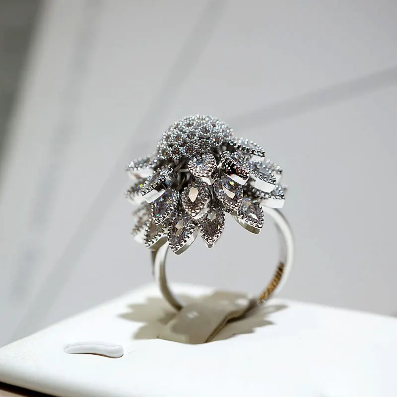 Flower Adjustable Open Silvery Ring For Women, Trendy Elegant Unique Cubic Zirconia Enamel Front Open Floral Leaf Easter Jewelry Gift-flower