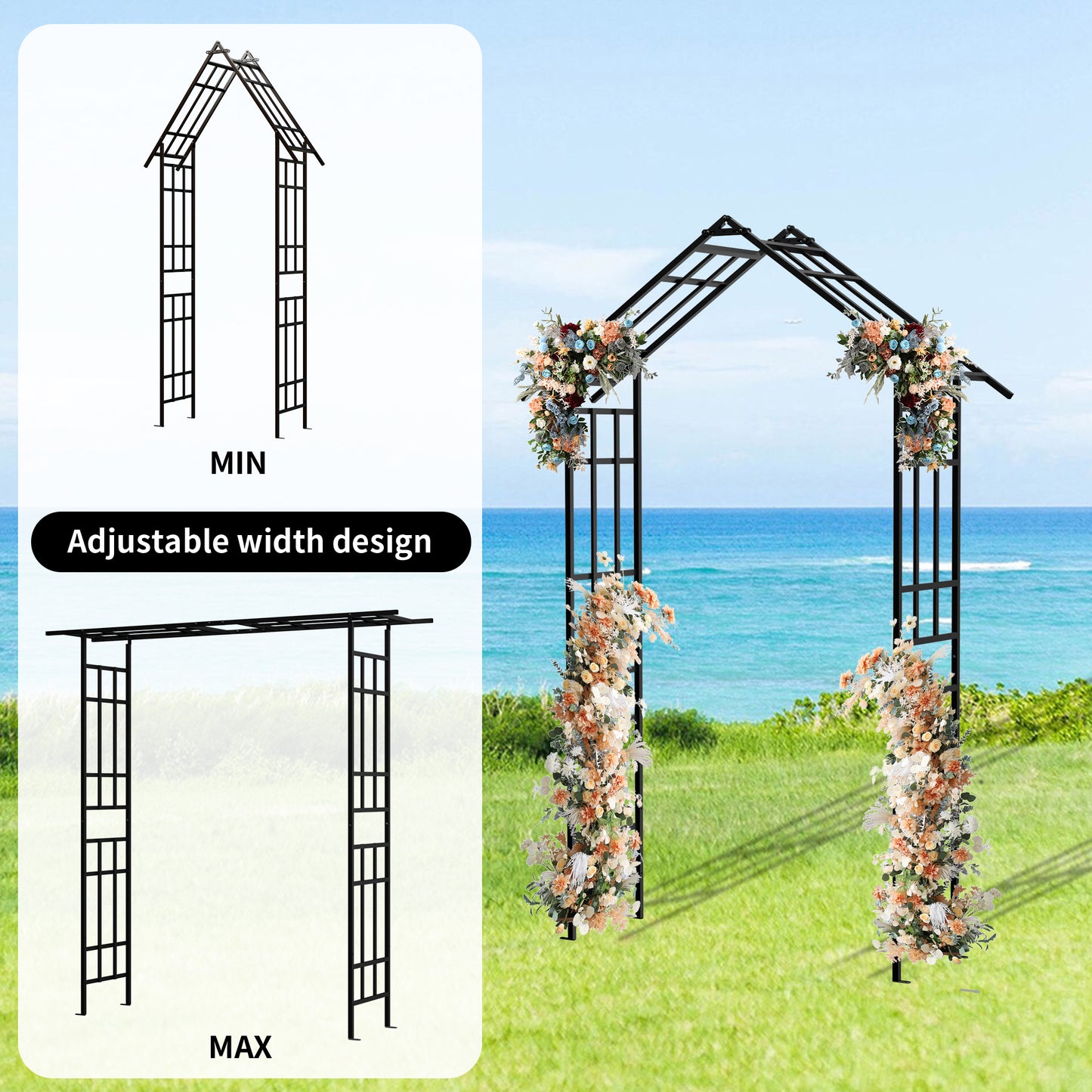 Metal Garden Arch With Adjustable Width W42.52  -W78.15    Climbing Plants Support Rose Arch Outdoor Black