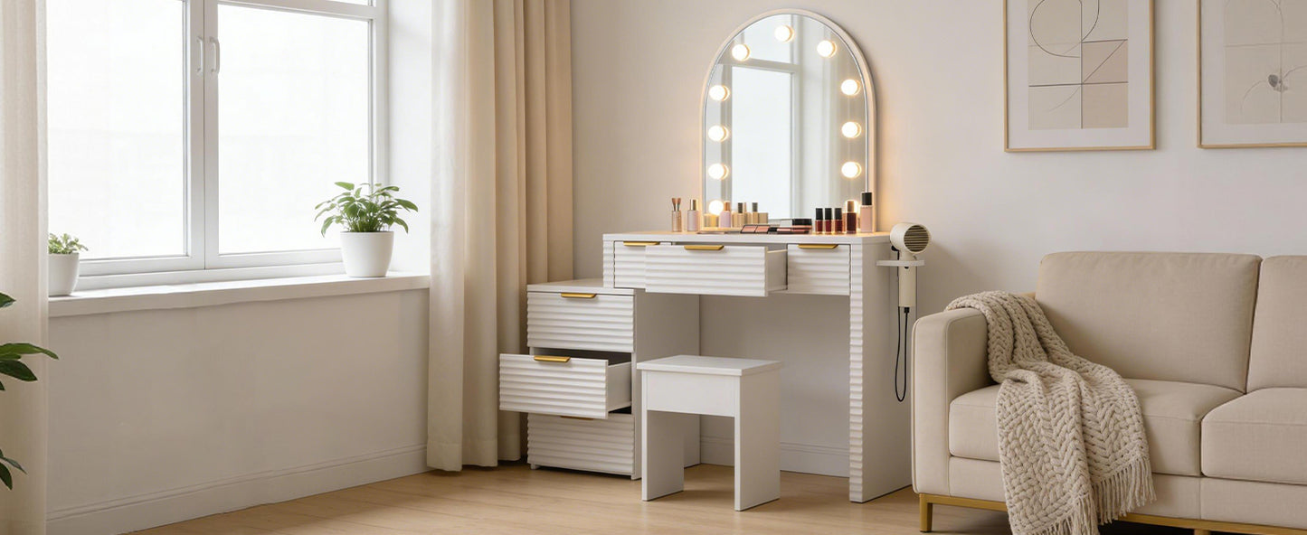 Makeup Vanity Desk With Mirror Lights Glass Tabletop 3 Lighting Modes Adjustable Vanity Table Modern Makeup Desk With Chair Power Outlet And 6 Drawers For Bedroom