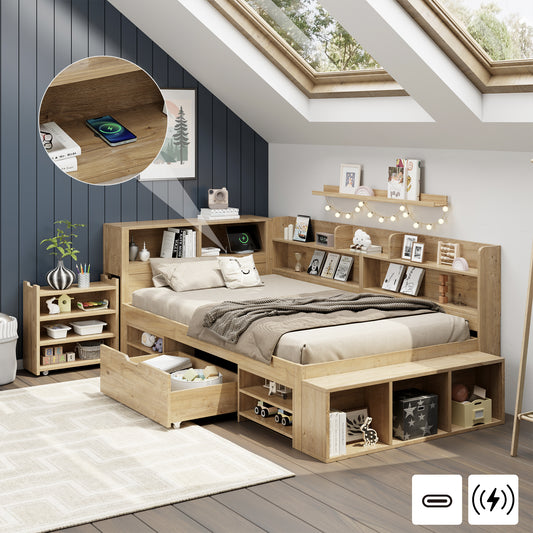 Children's Bed, Storage Bed, 90 X 200 Cm, Single Bed, Multifunctional Children's Bed With Bedside Tables, Shelves And Storage Cupboards, With Wireless Charging, Without Mattress, Natural