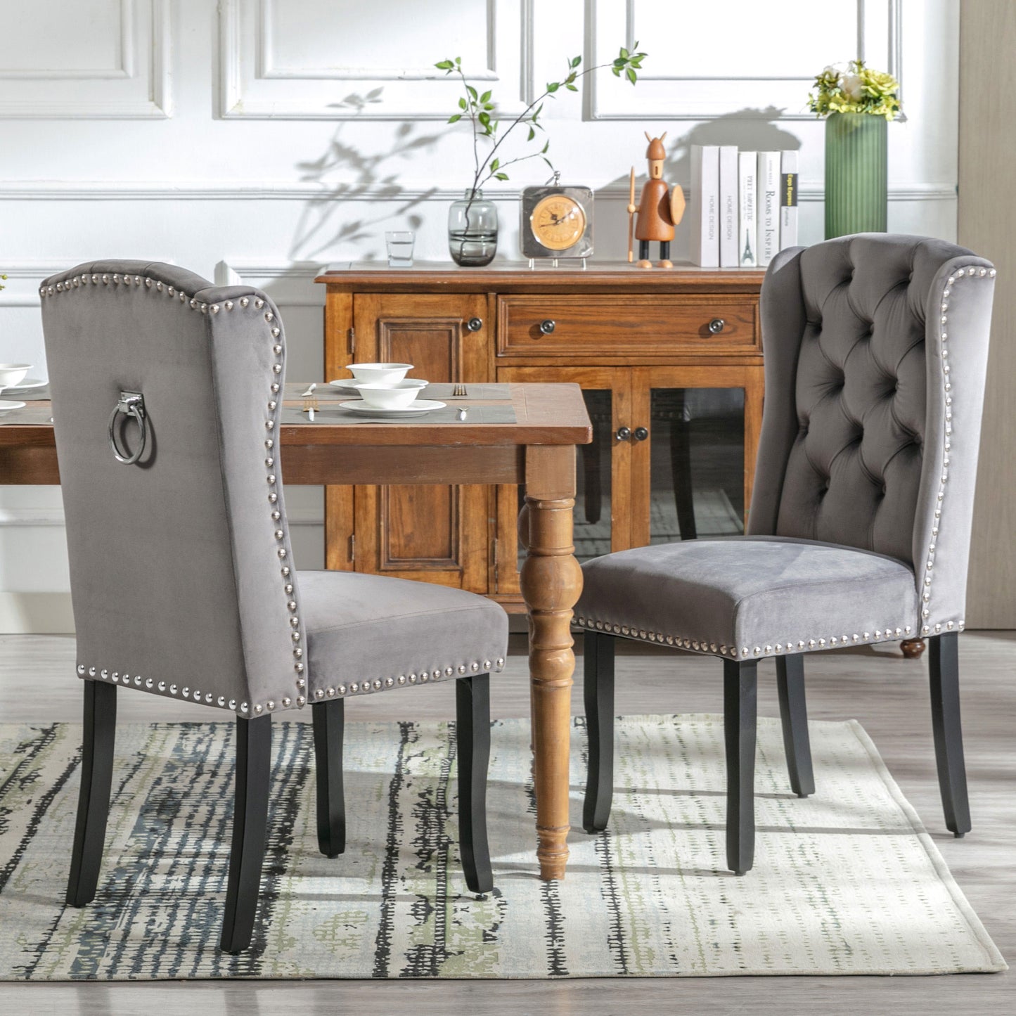 Velvet Dining Chairs Set Of 6 With Oak Legs, Knob, Chrome Knocker And Nailhead Trim Bedroom Chair Kitchen Chair Living Room Lounge Leisure Chair, Grey