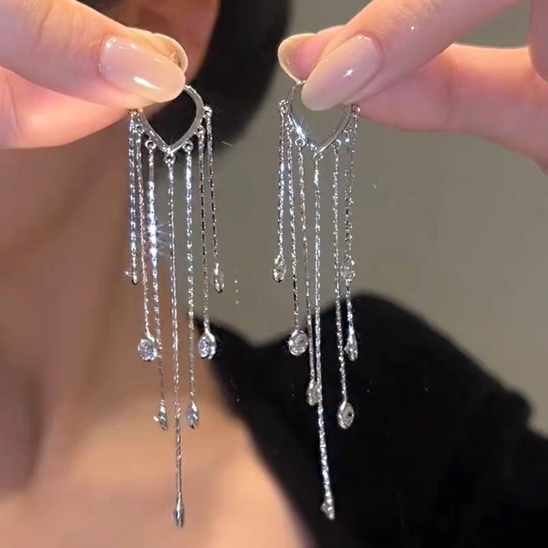 1 Pair 999 Sterling Silver Long Tassel Crystal Earrings, Luxurious Elegant Style, Perfect For Parties & Valentine's Gifts