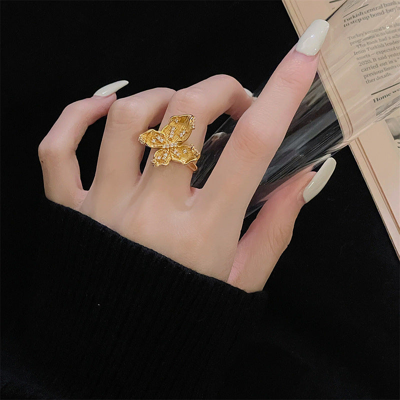 Niche Gold Vintage Brushed Retro Ring For Women, Zircon Inlay Luxury Exquisite Temperament Personalized Accessories