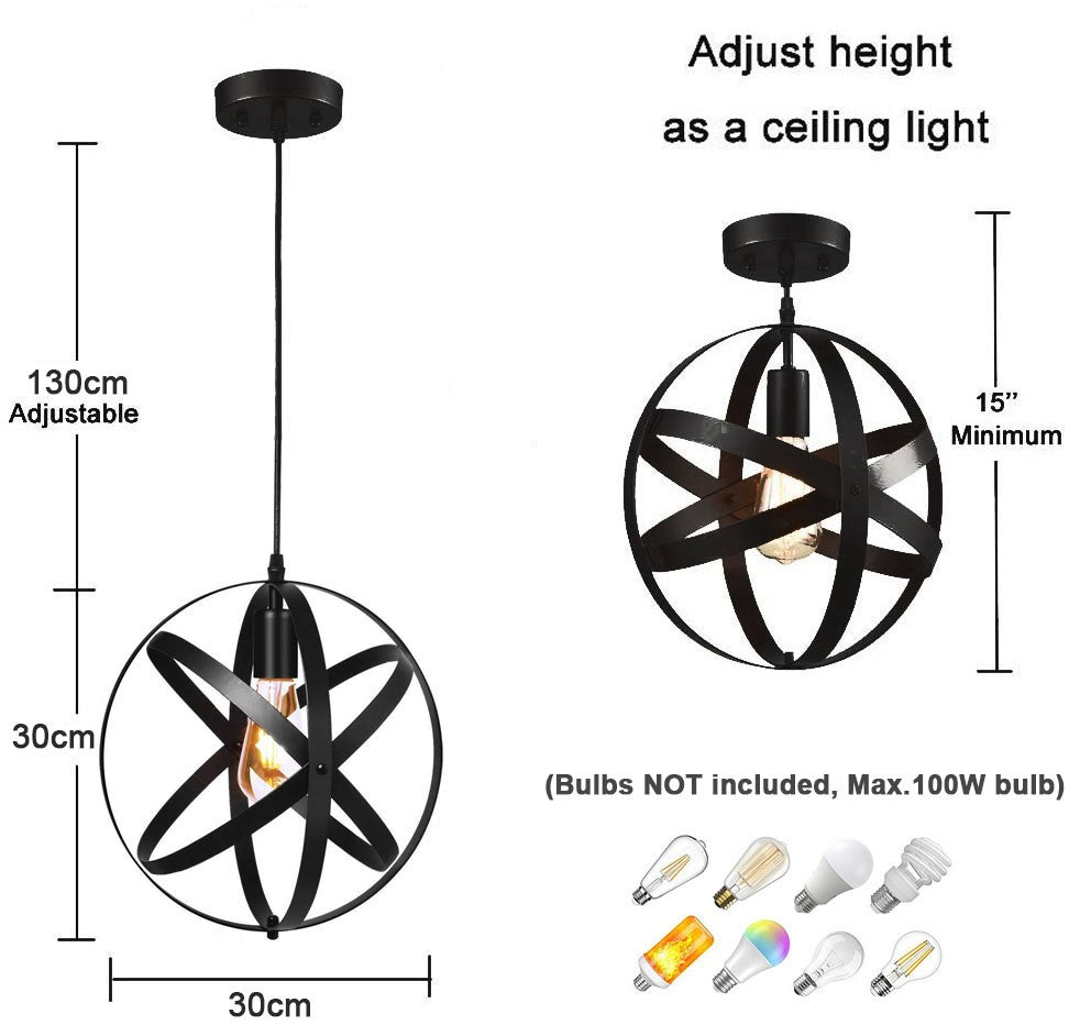 Industrial Spherical Ceiling Light Fitting Pendant Lighting Adjustable Cord UK