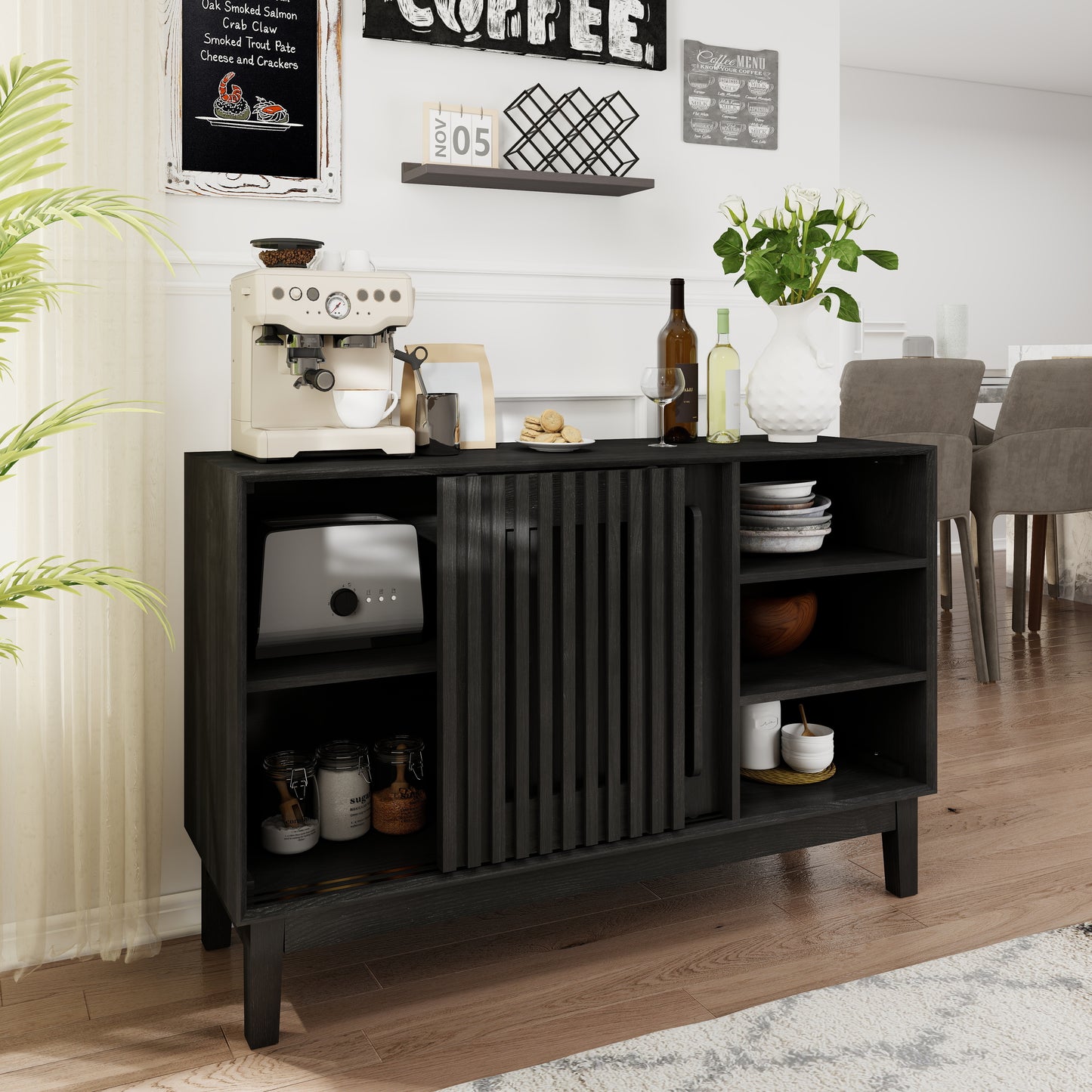 47.3  Sideboard Buffet Cabinet With Storage, Farmhouse Fluted Sideboard With 2 Doors & Solid Wood Feet, TV Media Console, Storage Cabinet For Kitchen Dining Living Room Entryway Hallway, Black