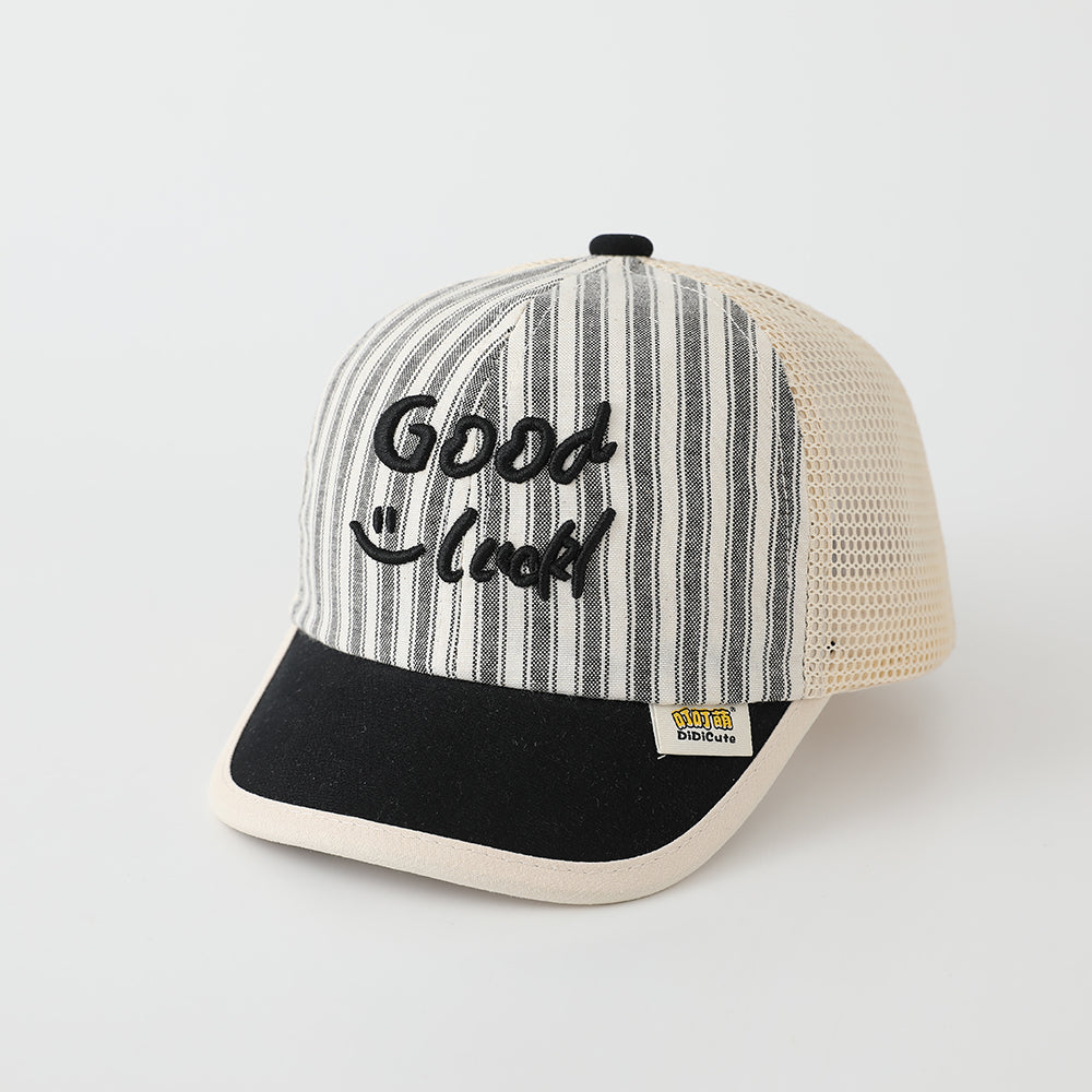 Summer Men's And Women's Striped Baseball Cap With Embroidered Letters Good Luck On The Body, Net-like Fabric, Fashionable And Casual Style