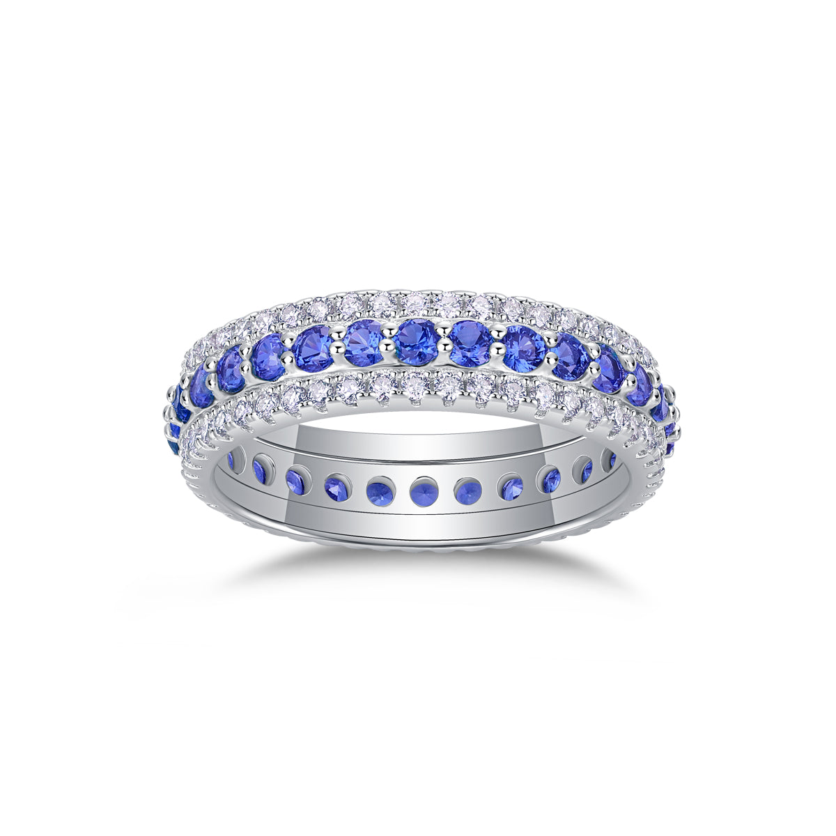 3.6g S925 Sterling Silver 3 Row Eternity Ring  Synthetic Blue Sapphire & White Stones Band, Platinum Plated Promise Ring For Women, Jewelry Gift Box Set