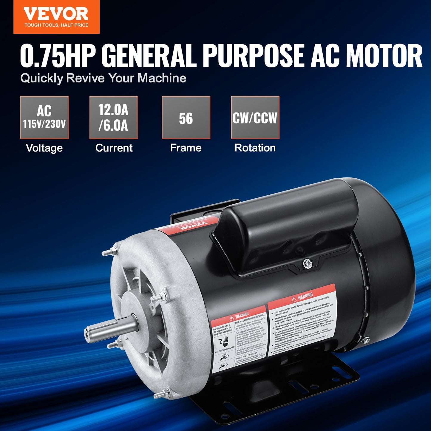 0.75HP Electric Motor 1725rpm, AC 115V/230V, 56 Frame, Air Compressor Motor Single Phase, 5/8' Keyed Shaft, CW/CCW Rotation For Agricultural Machinery And General Equipment