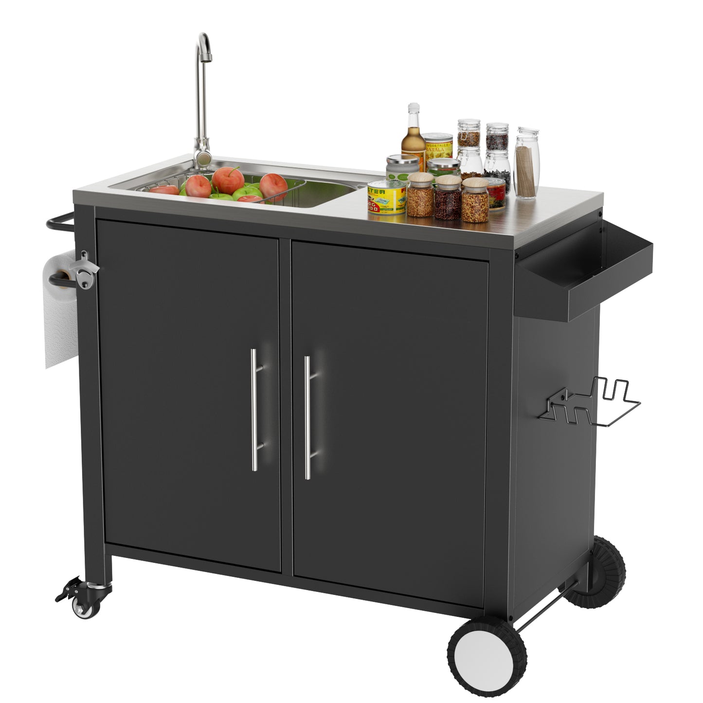 Outdoor Grill Table With Sink, Grill Cart With 304 Stainless Steel Sink And Cabinet, Outdoor Grill Cart,Outdoor Cart Sink Station With Wheels, L38in X W18in X H35in