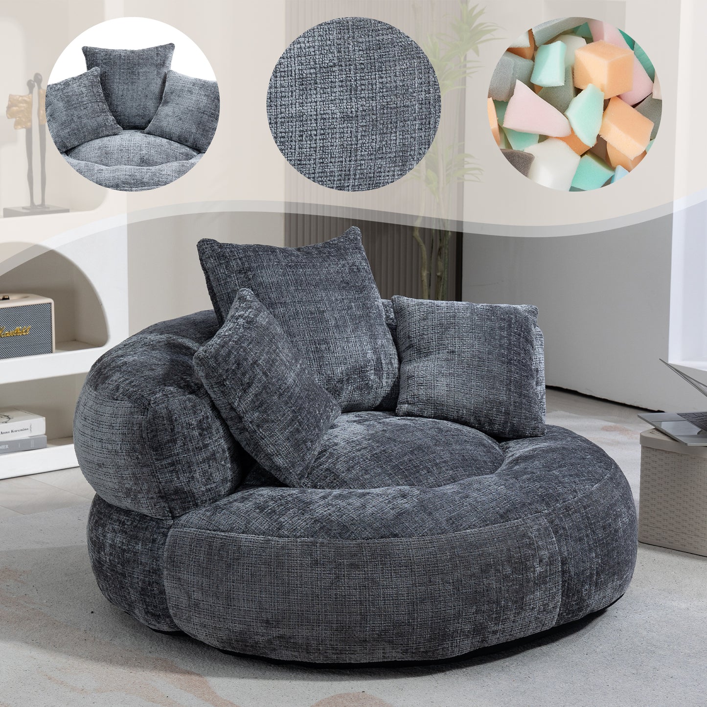 Lazy Sofa Durable Comfort Lounger High Back Bean Bag Chair Couch With Three Cushions For Adults And Kids, Indoor & Outdoor, Single Gaming Sofa Chair For Bedroom, Office  Gray Chenille