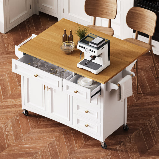 K&K 52   Kitchen Island With Drop Leaf, Embossed Texture Kitchen Island On Wheels With Spice Rack, Towel Rack, 2 Doors And 5 Drawers, Kitchen Storage Cart With Adjustable Shelf For Kitchen, White