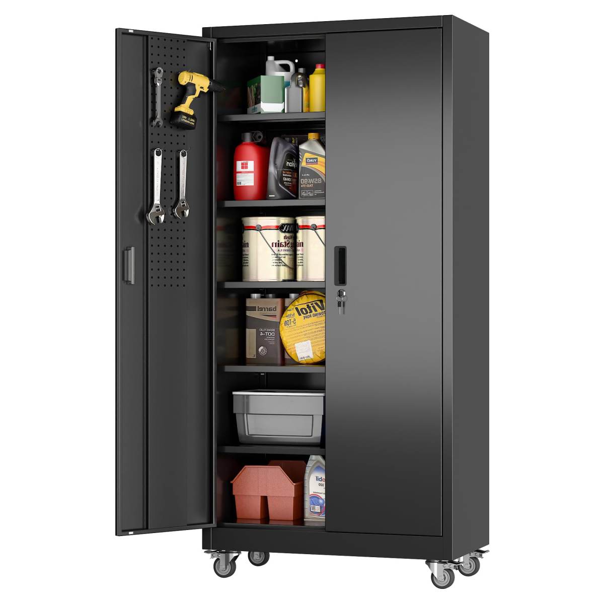 Aobabo Black Metal Garage Storage Cabinet With Wheels, 34inchW X 18inchD X 71inchH 5 Adjustable Shelves Hold Up To 170 Lb Each 4 Lockable Casters And Lockable Doors Organize Tools And Supplies.