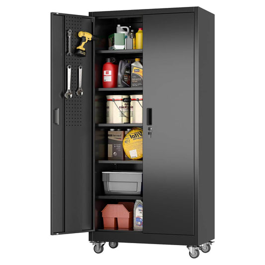 Aobabo Black Metal Garage Storage Cabinet With Wheels, 34inchW X 18inchD X 71inchH 5 Adjustable Shelves Hold Up To 170 Lb Each 4 Lockable Casters And Lockable Doors Organize Tools And Supplies.