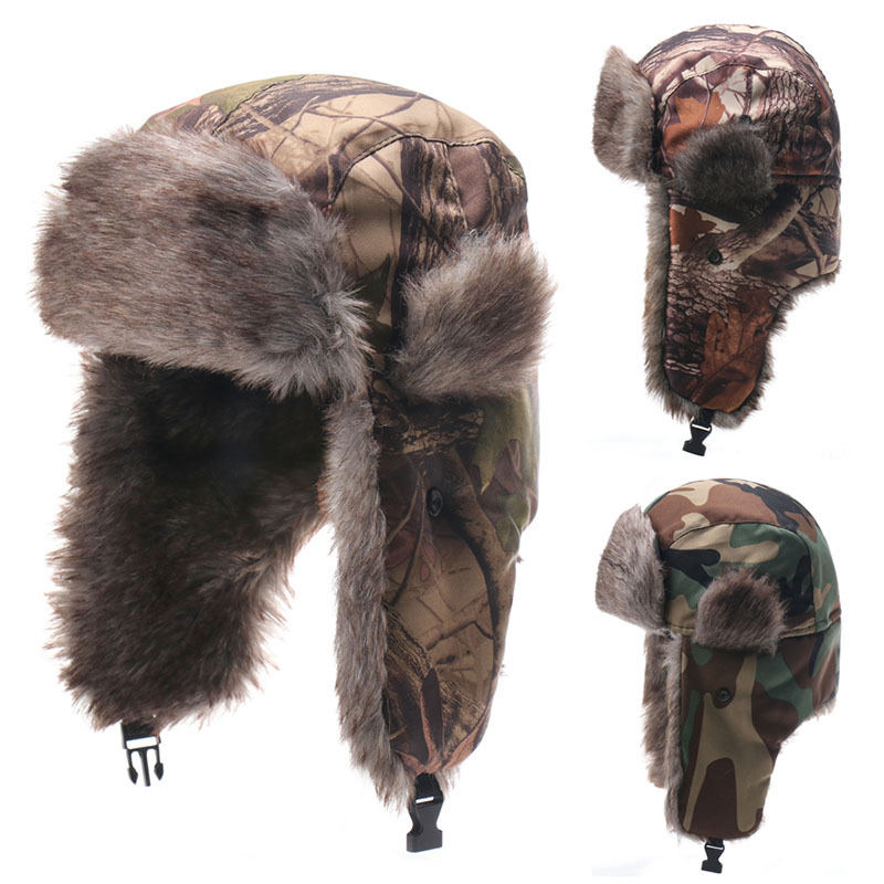 Windproof Mens And Womens Outdoor Thickened Leaf-Camouflage Lei Feng Cap