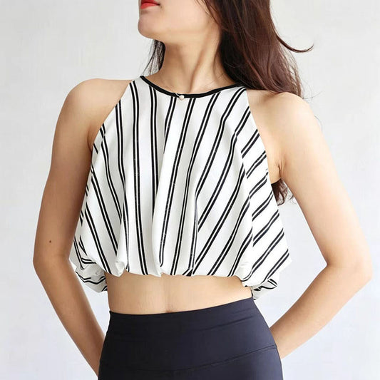 Elegant Womens Yoga Top With Black-and-white Striped Color Blocking
