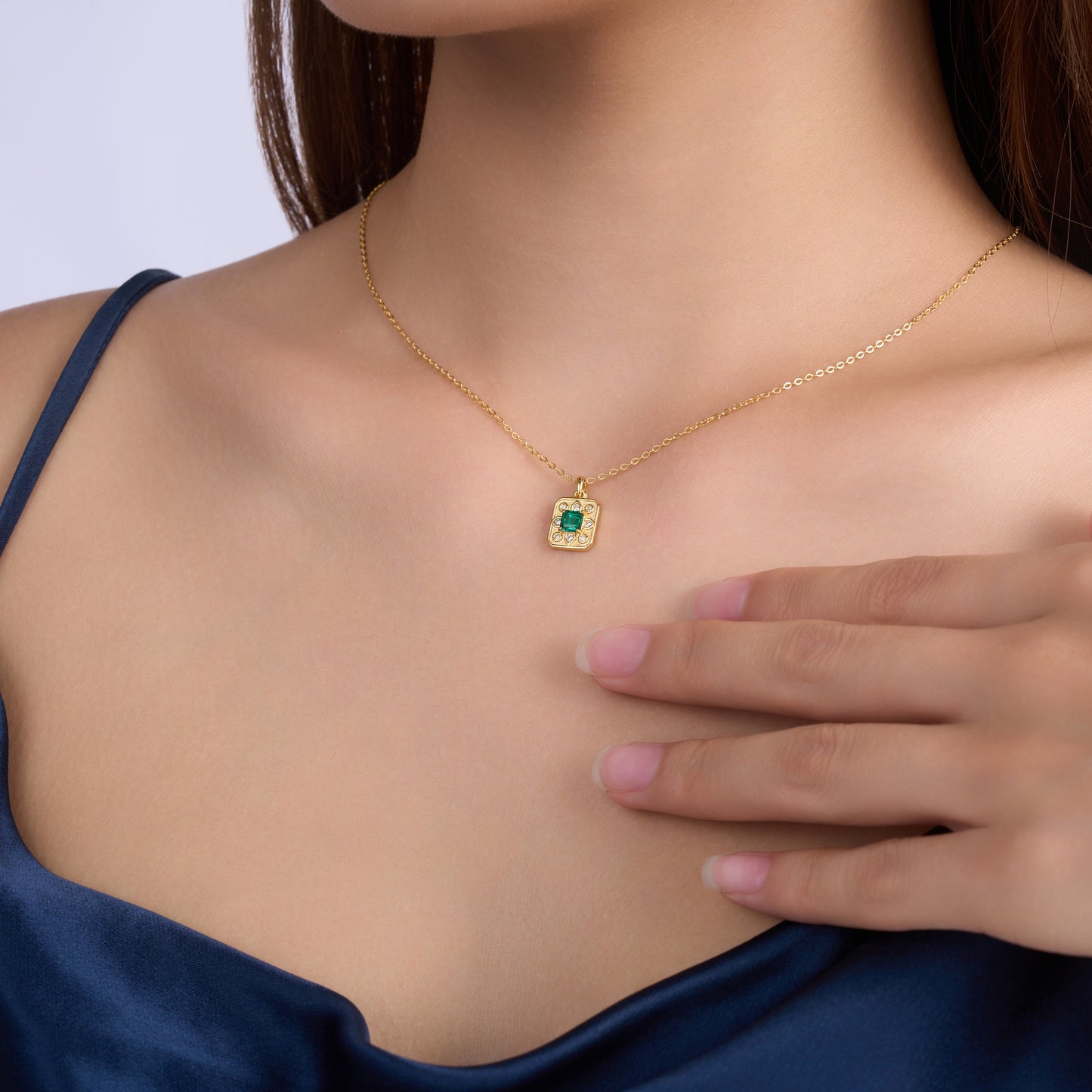 1.8g S925 Gold Plated Lab Grown Emerald Necklace For Women  Octagon Cut Vintage Pendant With Moissanite Accents, Dainty Jewelry Gift Box Set