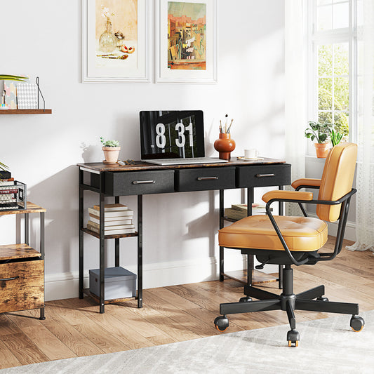 47" Small Computer Desk, Writing Desk with Fabric Drawers, Home Office Desk with Adjustable Shelves, Rustic Brown