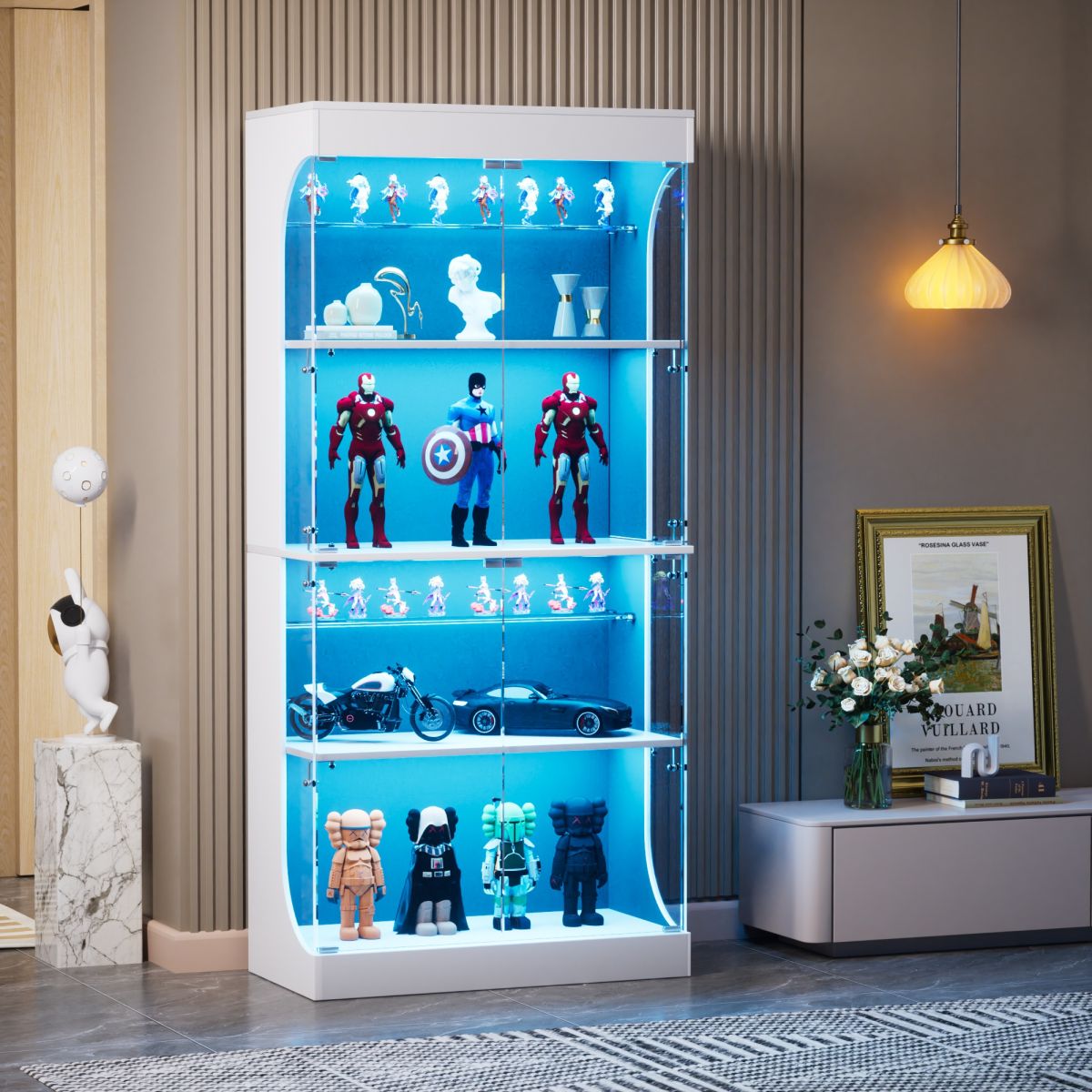Four-storey Glass Display Case With Storage Space, LED Lighting, Glass Doors And Smart Sensors. Suitable As A Dustproof Glass Cabinet For Living Rooms, Bedrooms And Offices. White.80x35x165cm