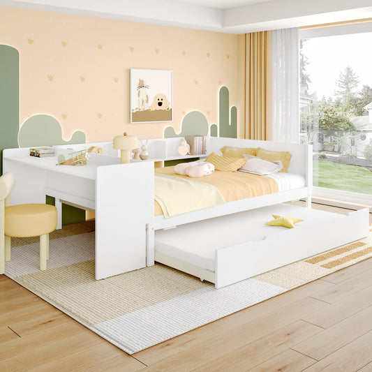 Flat Bed, Wooden Bed, 140x200cm, With Desk, With Rollaway Bed, Double Bed  Without Mattress , With Shelves, Pine Chipboard, White