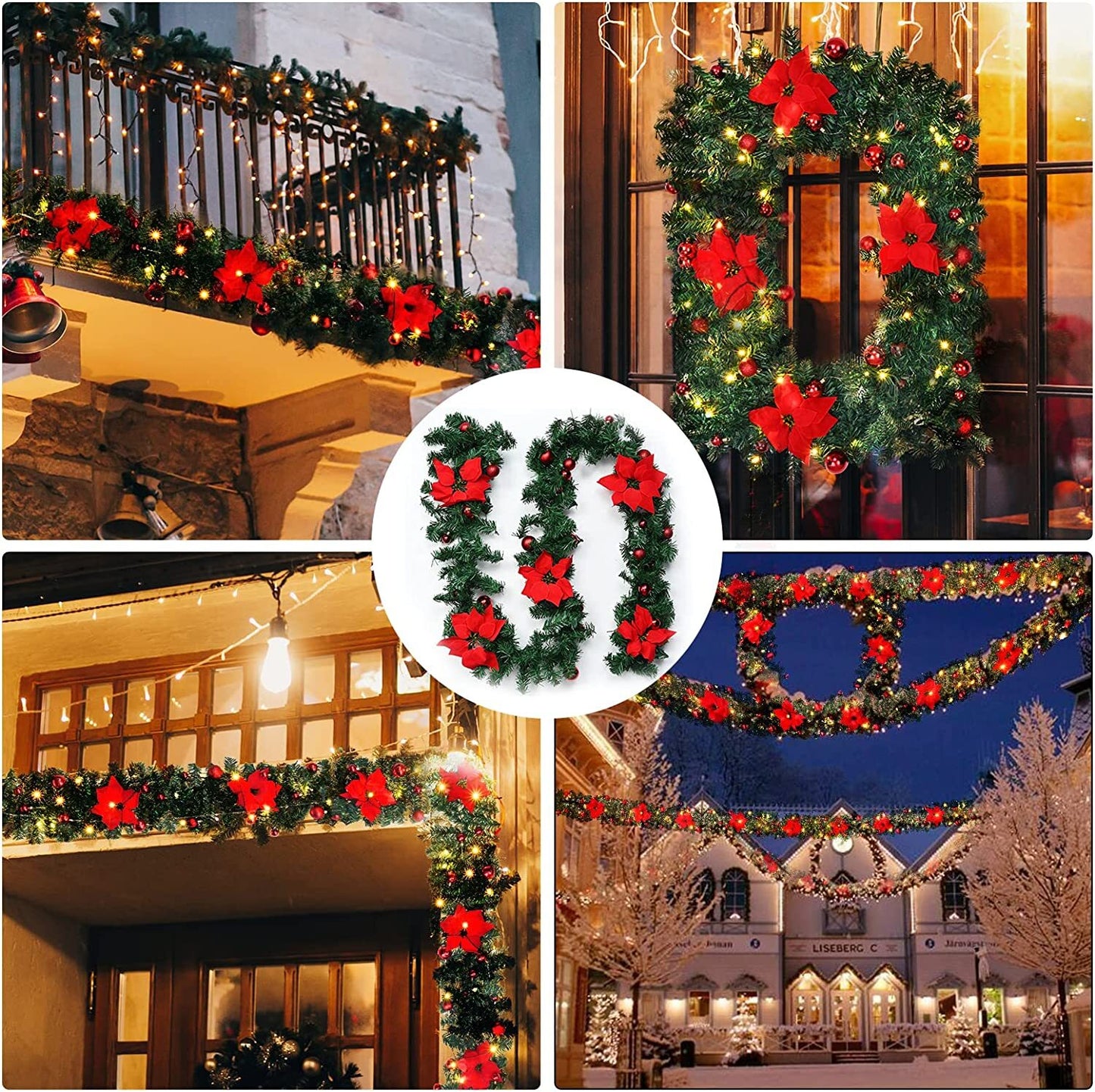 9FT Xmas Christmas Garland Artificial Wreath With LED Lights Stairs Home Rattan Red