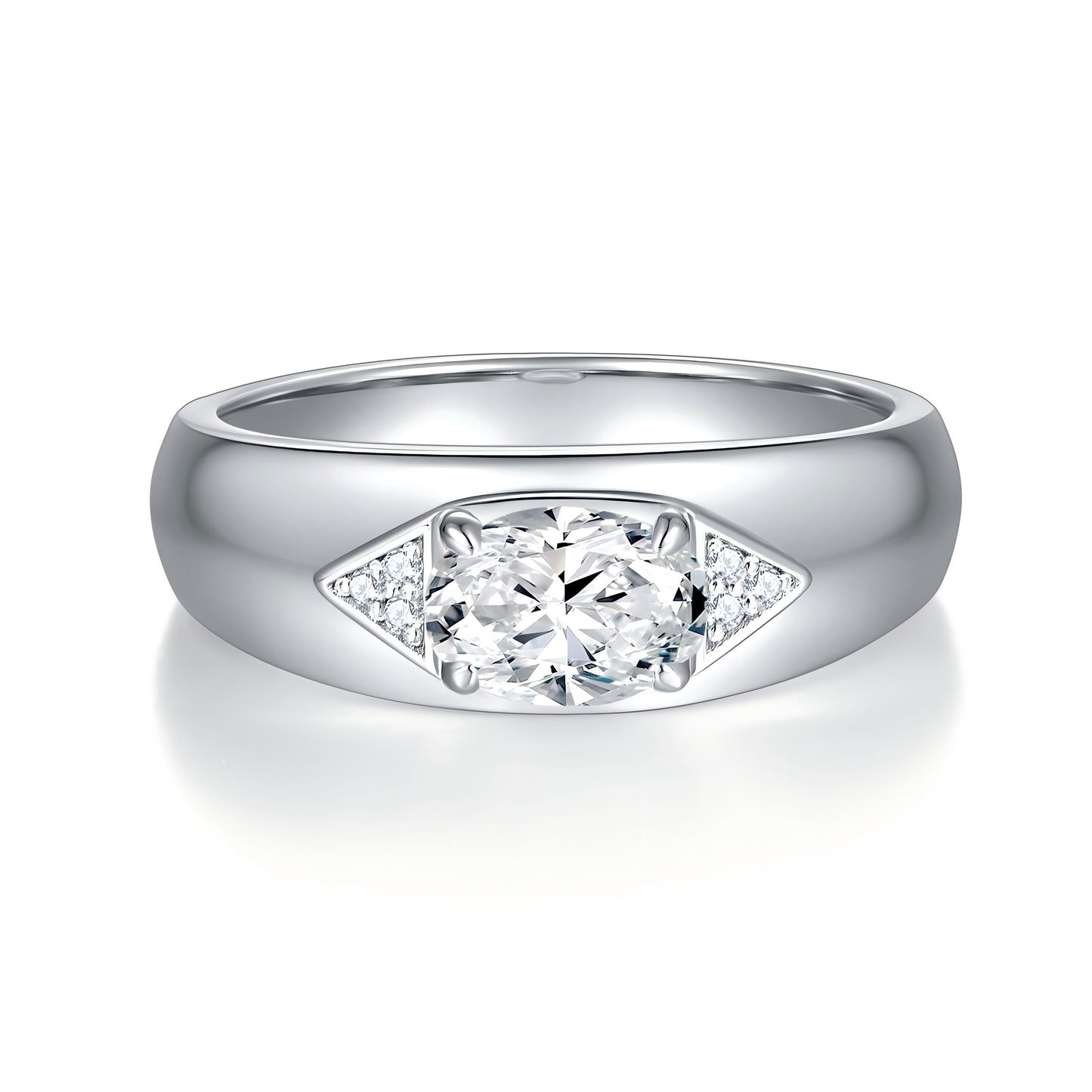 S925 Sterling Silver 1ct Marquise Moissanite Men's Ring, Wide Band With Pave Accents, Platinum Plated, US Sizes 5-9, GRA Certificate Gift Box