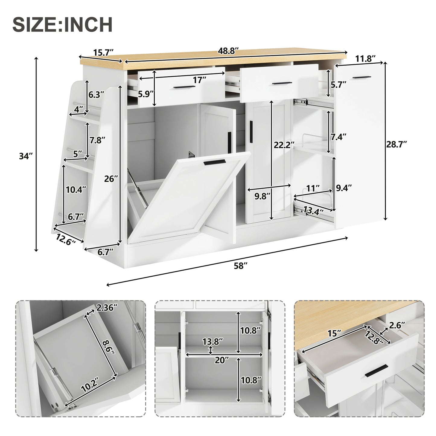 TREXM Multi-Functional Storage Sideboard  Trash Can Storage  Sliding Door Cabinet & 3-Tier Spice Rack Kitchen Island Table For Kitchen  Dining Room  White