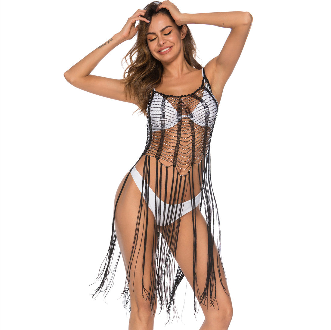 New Beaded Hollow Out Cover Up Dress, Spaghetti Strap Mini Beaded Tunic, Women Sheer Bikini Beach Coverup For Summer