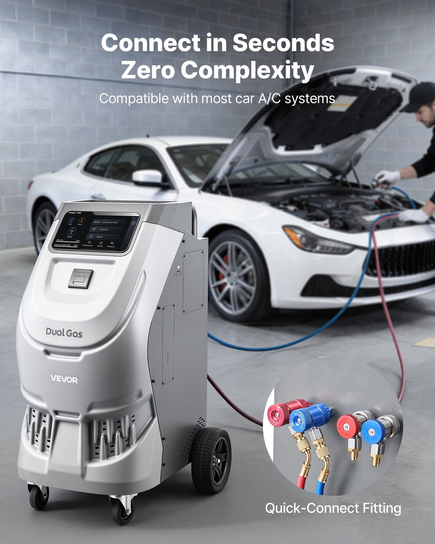 Fully Automatic Refrigerant Recovery Machine For R134a & 1234fy, ≥98.5% Accuracy, 10-Inch Touch Screen, AC Recovery, Vacuum, And Recharging For Standard And High Voltage Automotive A/C Systems