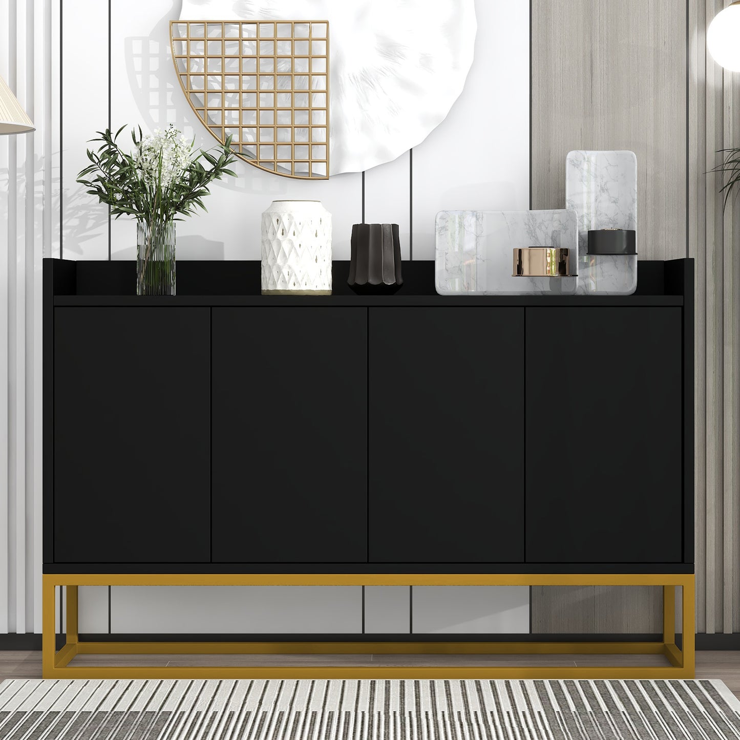 Modern Minimalist Style Sideboard 4-Door Handleless Buffet Cabinet For Dining Room, Living Room, Kitchen  Black