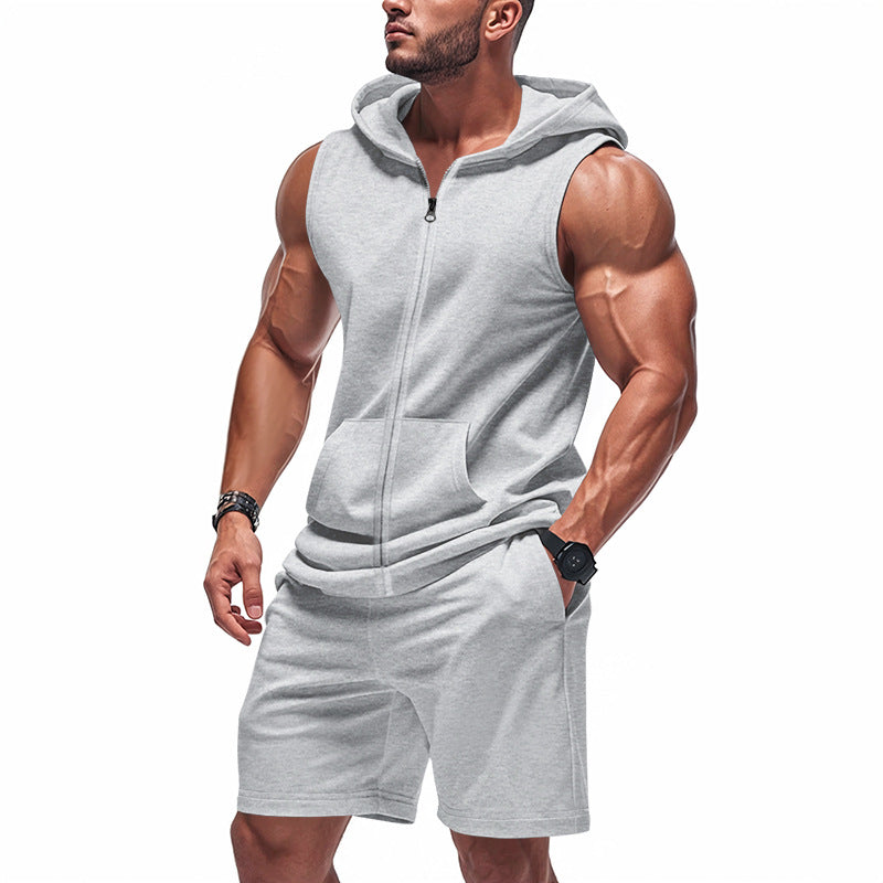 Mens Fitness Zip-Up Loose-Fit Casual Hooded Set