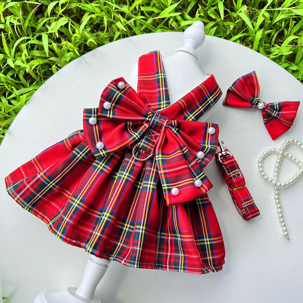 Pet JK-style Plaid Dog Dress With Leash Accessories