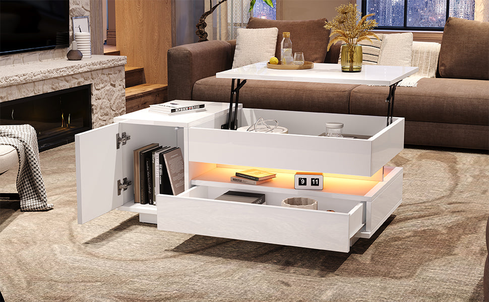 95X50X34.5cm Liftable Coffee Table, Living Room Table, Side Table, Coffee Table With 1 Drawer, 1 Cabinet, Sofa Table With LED, High Gloss Tea Table With Hidden Storage, Semi-Open Storage, White